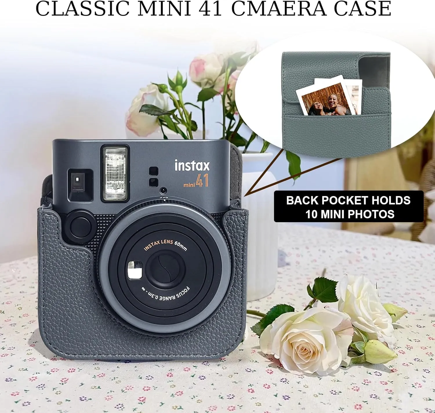 Mini 41 Protective Case for Fujifilm Instax Mini 41 Instant Camera, Retro PU Leather Mini 41 Camera Case with 64 Mini Photo Album and Adjustable Shoulder Strap (No Camera) - Dark Grey