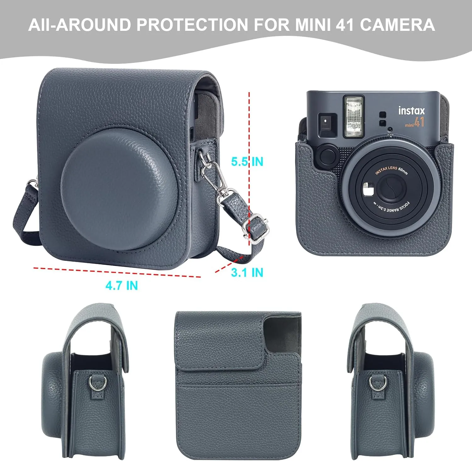 Mini 41 Protective Case for Fujifilm Instax Mini 41 Instant Camera, Retro PU Leather Mini 41 Camera Case with 64 Mini Photo Album and Adjustable Shoulder Strap (No Camera) - Dark Grey