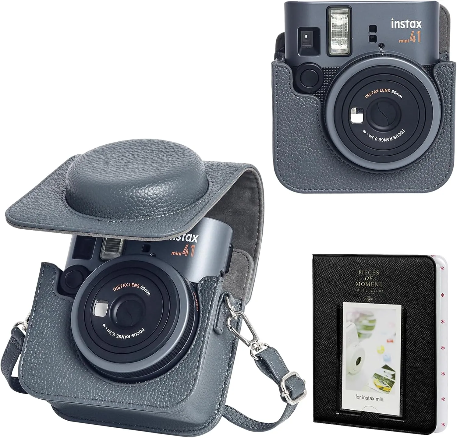 Mini 41 Protective Case for Fujifilm Instax Mini 41 Instant Camera, Retro PU Leather Mini 41 Camera Case with 64 Mini Photo Album and Adjustable Shoulder Strap (No Camera) - Dark Grey