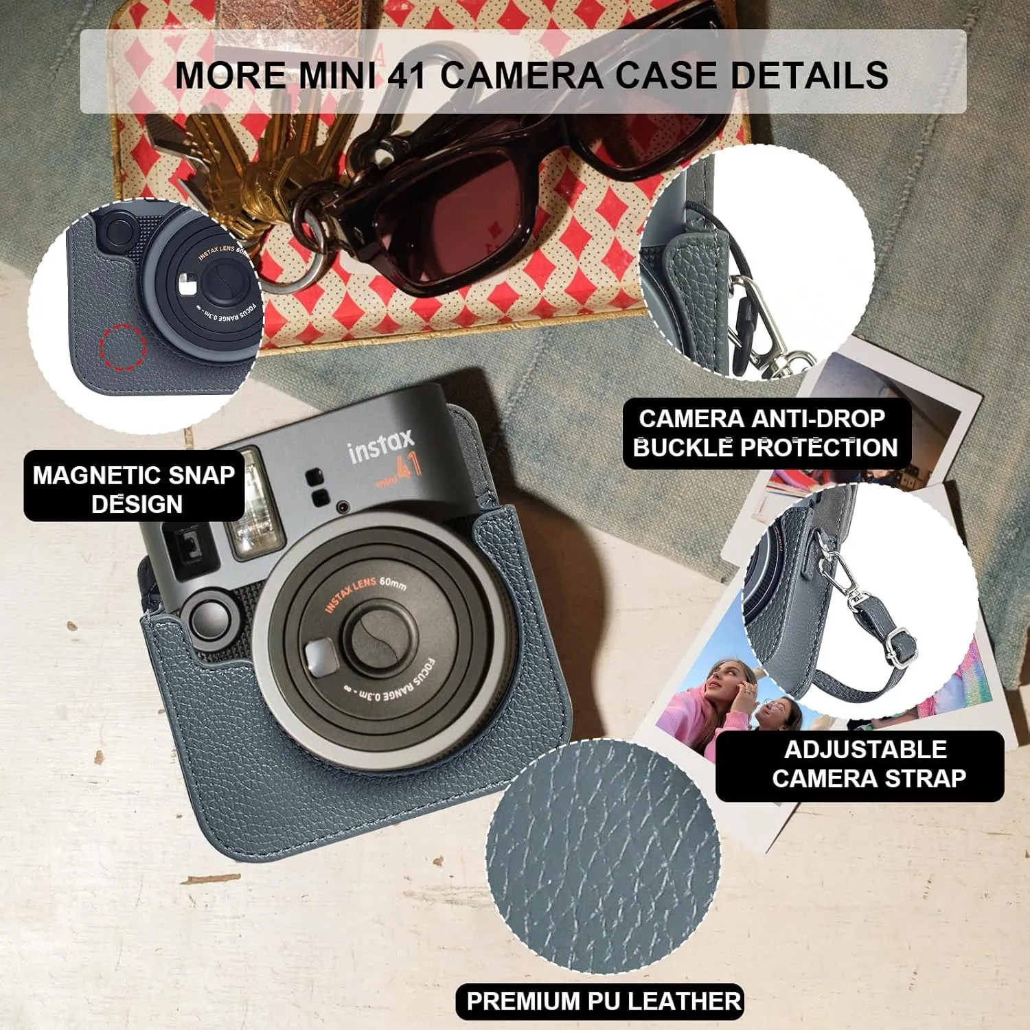 Mini 41 Protective Case for Fujifilm Instax Mini 41 Instant Camera, Retro PU Leather Mini 41 Camera Case with 64 Mini Photo Album and Adjustable Shoulder Strap (No Camera) - Dark Grey