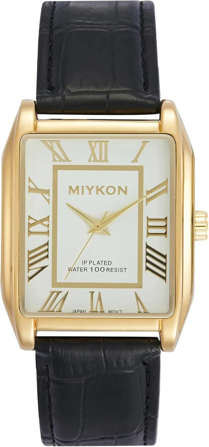 Miykon Vintage Watches for Men - Tank Square Analog Watch with Genuine Leather Wrist Strap for Classic Dress - Ion Polished, Scratch Resistant Glass, Japanese Quartz, Waterproof to 100ft