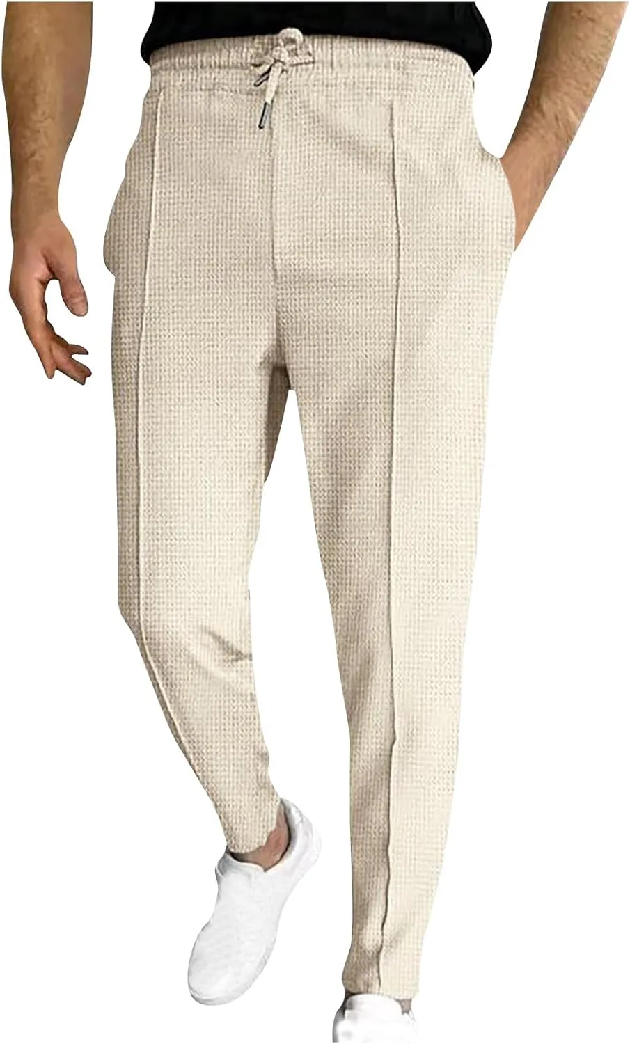Muscularfit Work Pants for Men 2023 Casual Flat Front Drawstring Elastic Waist Straight Legs Solid Waffle Office Trousers