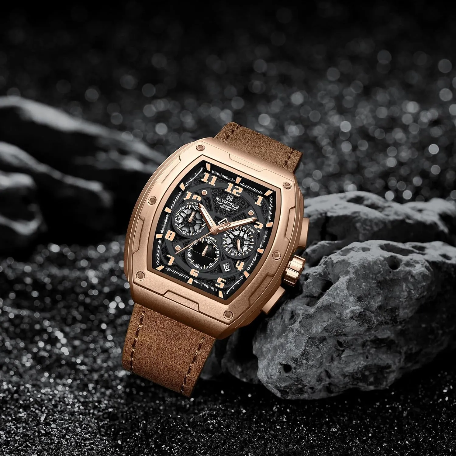 NAVIFORCE Square Watches for Men Brown Leather Chronograph Fashion Business Watch Luminous Waterproof Casual Wrist Watches (Gery) (Gery)