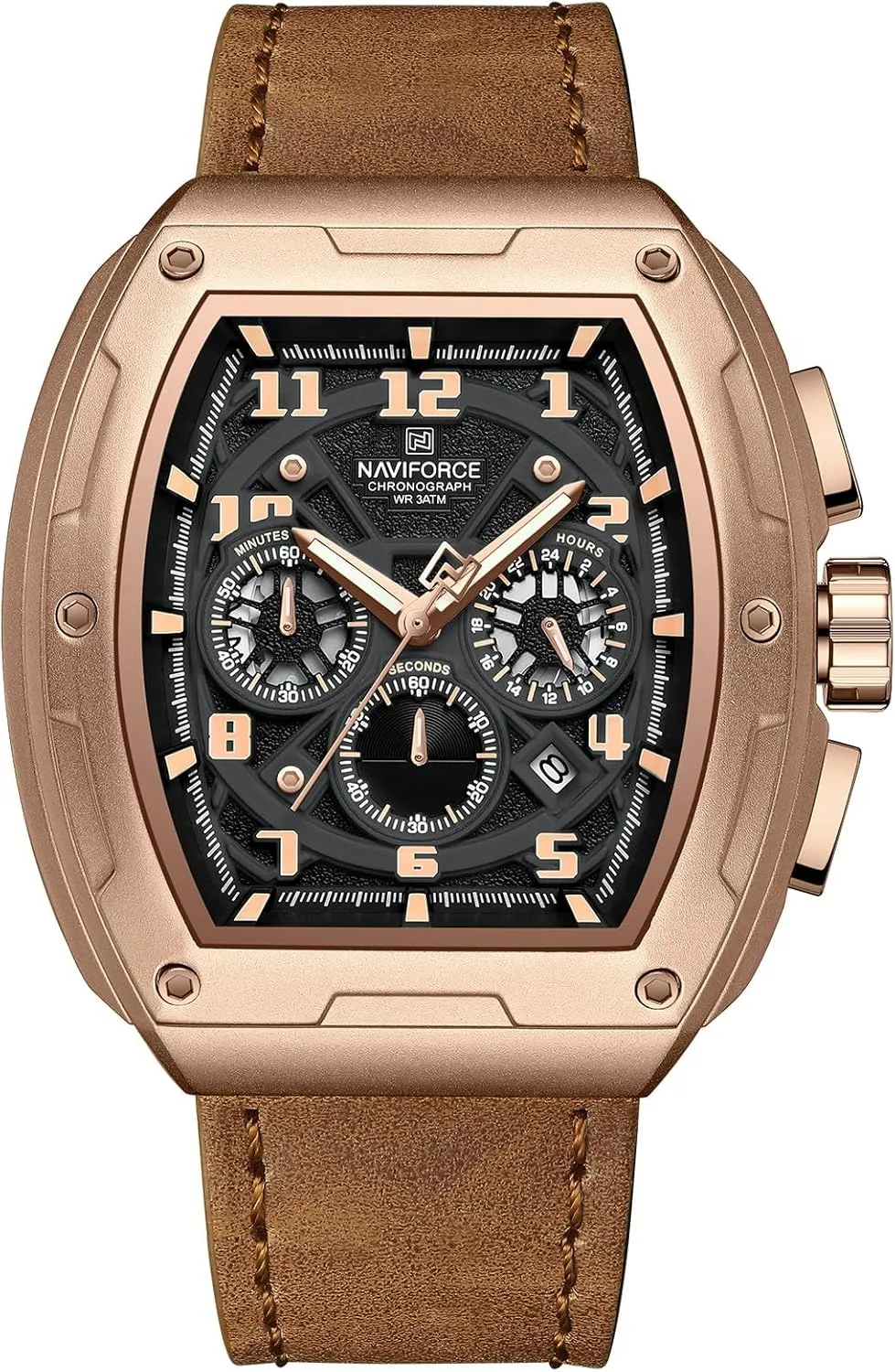 NAVIFORCE Square Watches for Men Brown Leather Chronograph Fashion Business Watch Luminous Waterproof Casual Wrist Watches (Gery) (Gery)