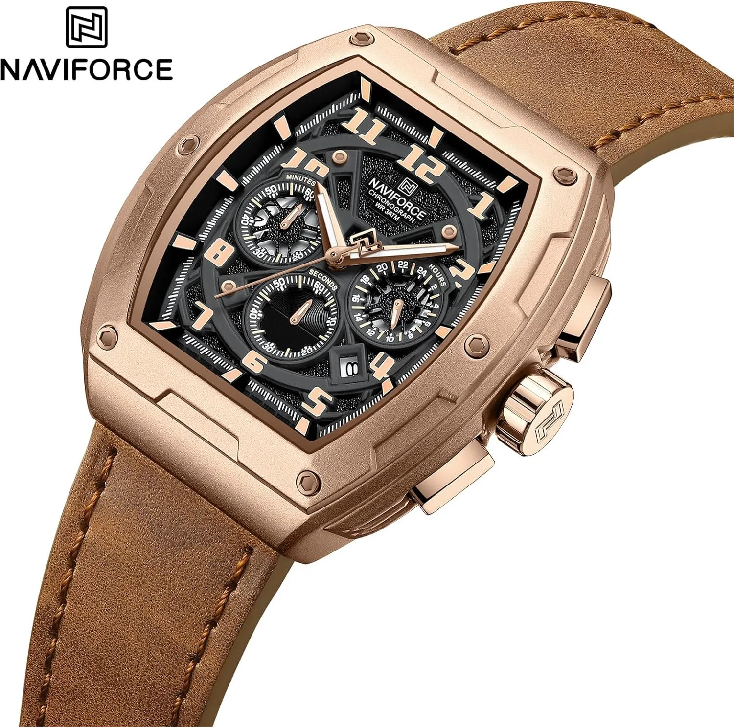 NAVIFORCE Square Watches for Men Brown Leather Chronograph Fashion Business Watch Luminous Waterproof Casual Wrist Watches (Gery) (Gery)