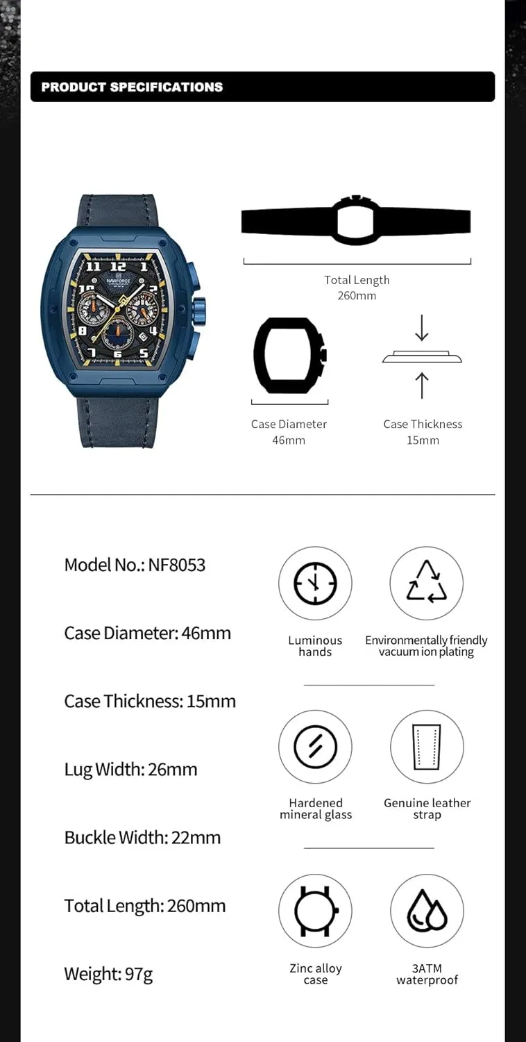 NAVIFORCE Square Watches for Men Brown Leather Chronograph Fashion Business Watch Luminous Waterproof Casual Wrist Watches (Gery) (Gery)