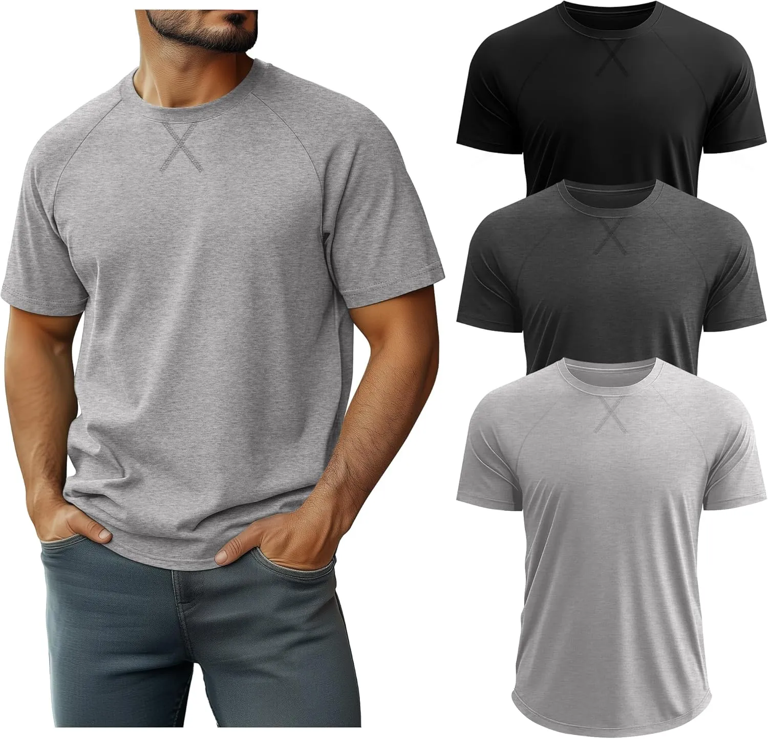 Neer 3 Pack Men's Big and Tall Short Sleeve Shirts Cotton Summer Crew Neck Embroidery Loose Fit Tops Casual Basic Tees