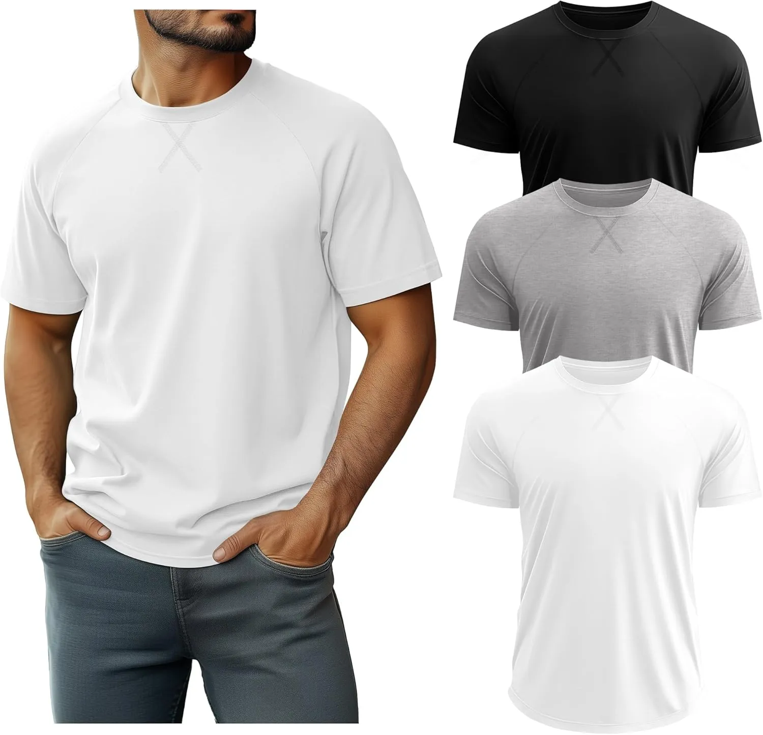 Neer 3 Pack Men's Big and Tall Short Sleeve Shirts Cotton Summer Crew Neck Embroidery Loose Fit Tops Casual Basic Tees