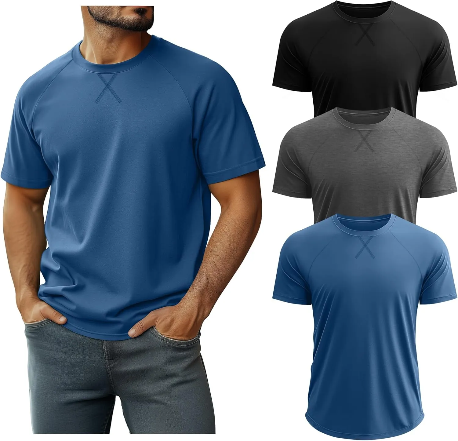 Neer 3 Pack Men's Big and Tall Short Sleeve Shirts Cotton Summer Crew Neck Embroidery Loose Fit Tops Casual Basic Tees