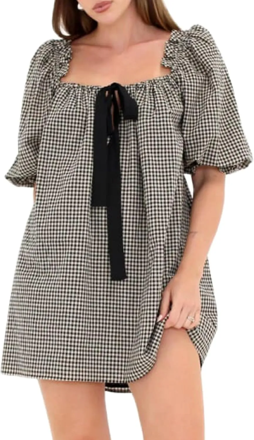 NUFIWI Y2k Cute Babydoll Mini Dress for Women Short Puff Sleeve Ruffle Bow Tie Short Dress Fairy Loose Floral Sundress