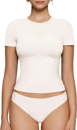 OEAK Womens T-Shirts Short Sleeve Shirts Crew Neck Basic Tees Soft Smoothing Seamless Tshirts Slim Fit Going Out Trendy Tops
