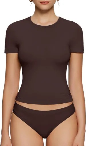 OEAK Womens T-Shirts Short Sleeve Shirts Crew Neck Basic Tees Soft Smoothing Seamless Tshirts Slim Fit Going Out Trendy Tops