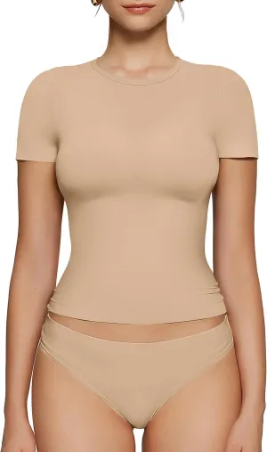 OEAK Womens T-Shirts Short Sleeve Shirts Crew Neck Basic Tees Soft Smoothing Seamless Tshirts Slim Fit Going Out Trendy Tops