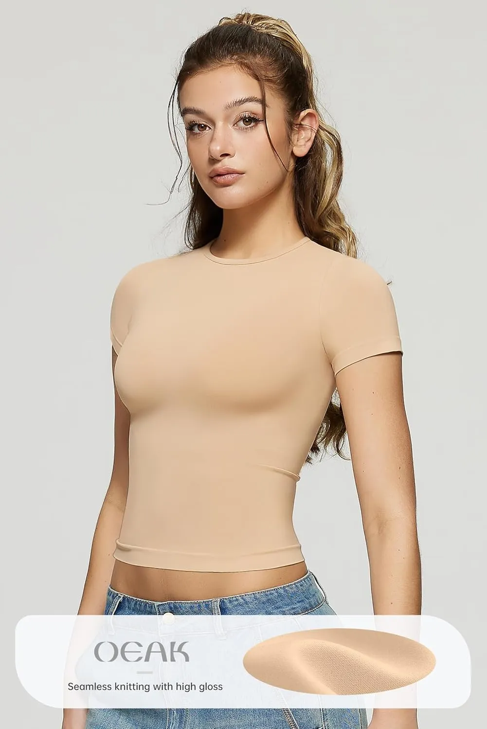OEAK Womens T-Shirts Short Sleeve Shirts Crew Neck Basic Tees Soft Smoothing Seamless Tshirts Slim Fit Going Out Trendy Tops