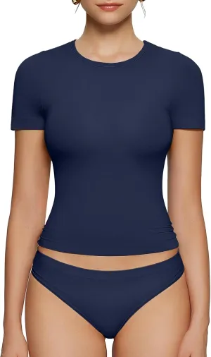 OEAK Womens T-Shirts Short Sleeve Shirts Crew Neck Basic Tees Soft Smoothing Seamless Tshirts Slim Fit Going Out Trendy Tops