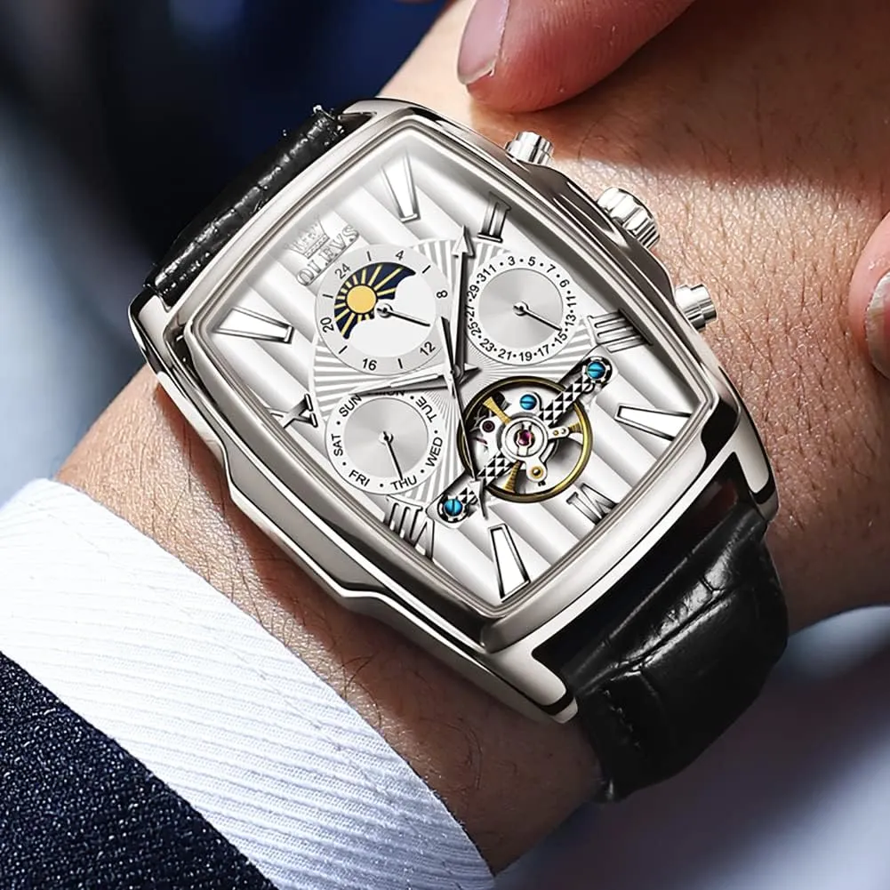 OLEVS Mechanical Dress Mens Watches Square Brown Leather Strap Moon Phase Skeleton Tourbillion Day Date Waterproof Luminous Men's Wrist Watches