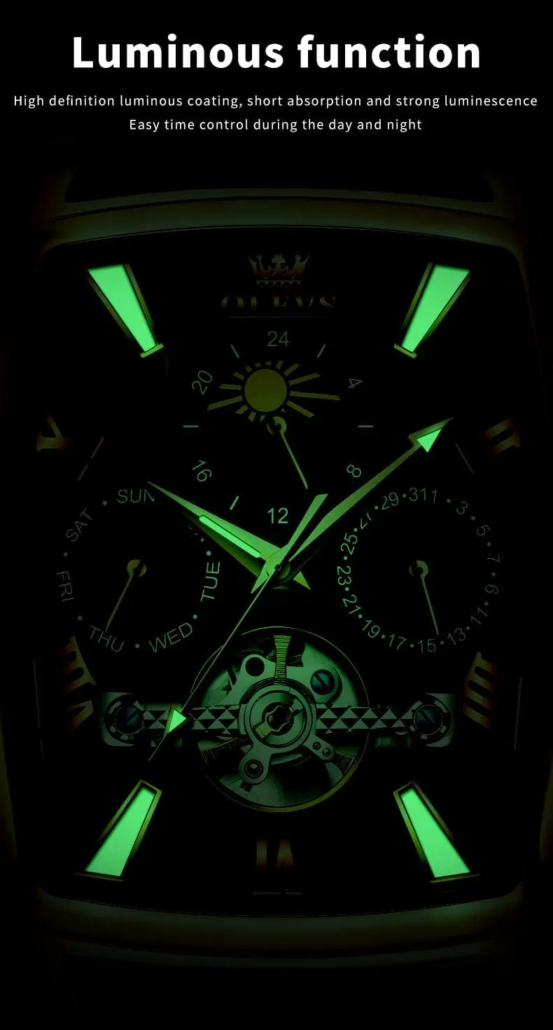 OLEVS Mechanical Dress Mens Watches Square Brown Leather Strap Moon Phase Skeleton Tourbillion Day Date Waterproof Luminous Men's Wrist Watches