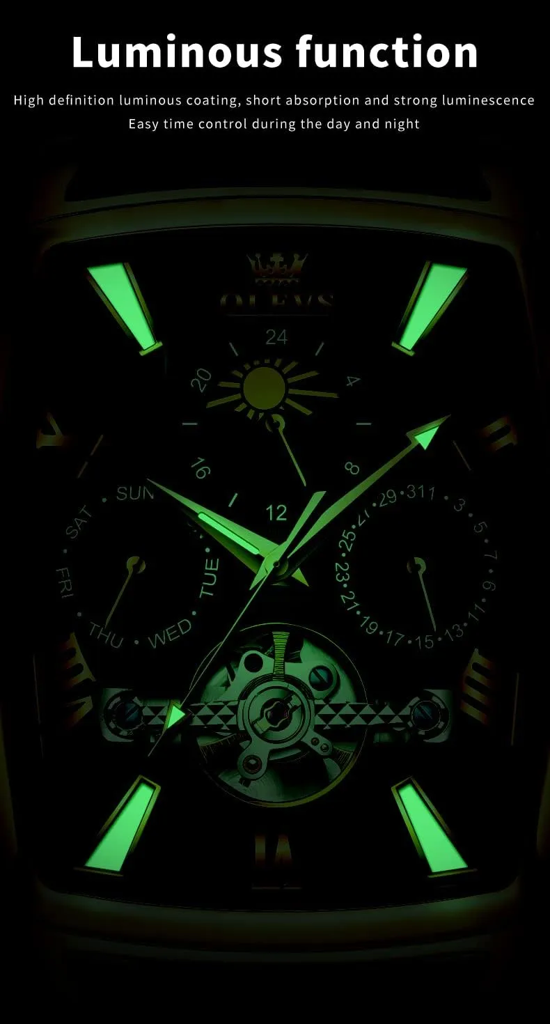 OLEVS Mechanical Dress Mens Watches Square Brown Leather Strap Moon Phase Skeleton Tourbillion Day Date Waterproof Luminous Men's Wrist Watches