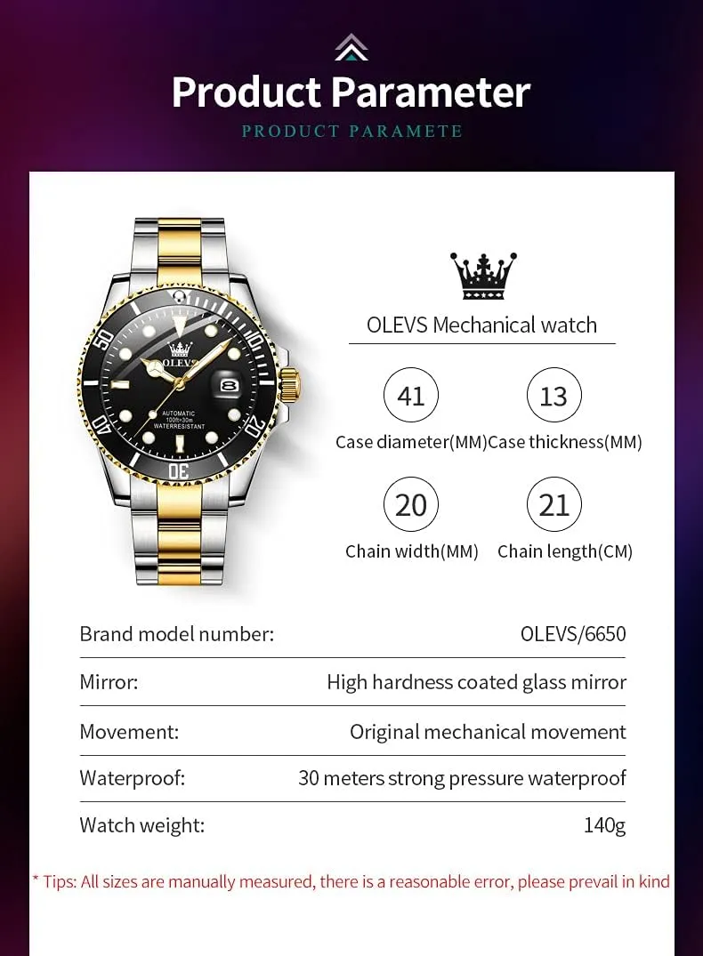OLEVS Men Automatic Mechanical Watches Self Winding Luxury Stainless Steel Men Watch No Battery
