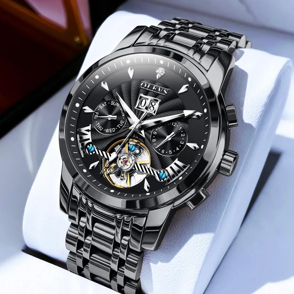 OLEVS Men Automatic Watch Self Winding Skeleton Mechanical Tourbillon Classic Luxury Multi Calendar Stainless Steel Waterproof Wrist Watch for Men