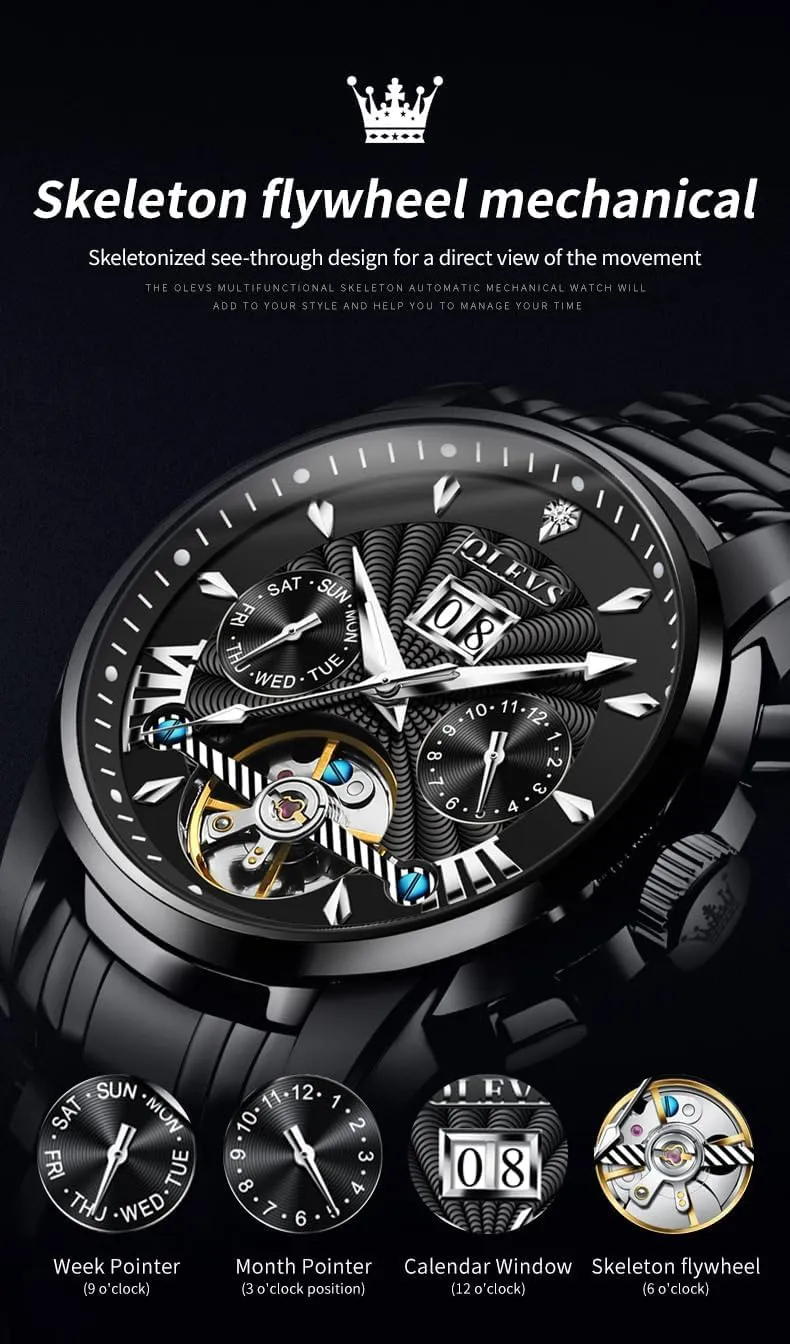 OLEVS Men Automatic Watch Self Winding Skeleton Mechanical Tourbillon Classic Luxury Multi Calendar Stainless Steel Waterproof Wrist Watch for Men