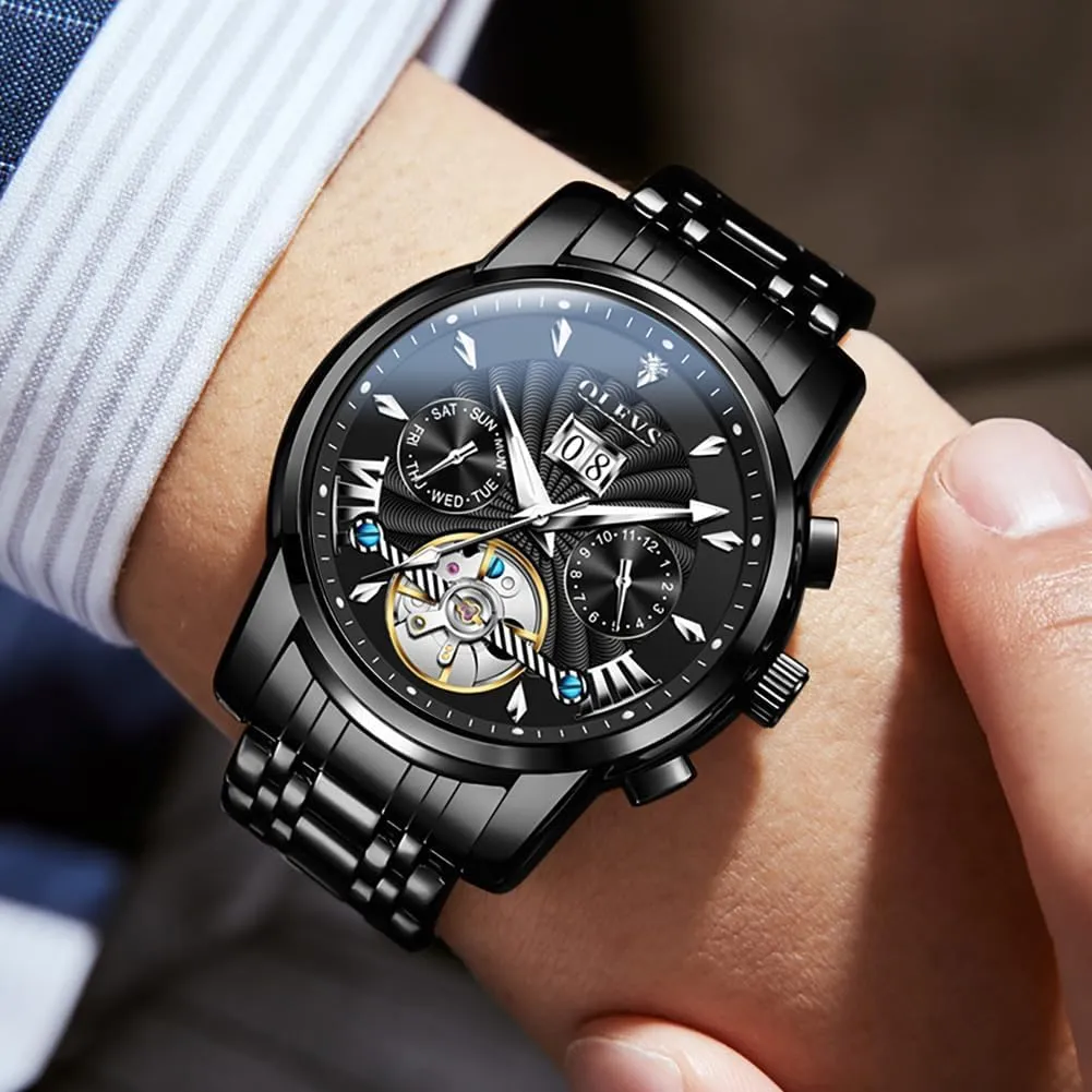 OLEVS Men Automatic Watch Self Winding Skeleton Mechanical Tourbillon Classic Luxury Multi Calendar Stainless Steel Waterproof Wrist Watch for Men