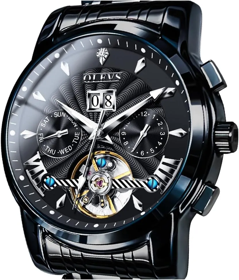 OLEVS Men Automatic Watch Self Winding Skeleton Mechanical Tourbillon Classic Luxury Multi Calendar Stainless Steel Waterproof Wrist Watch for Men