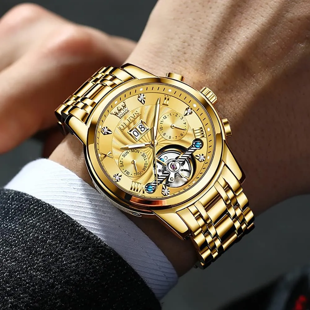 OLEVS Men Automatic Watch Skeleton 5 Hands Mechanical Classic Luxury Multi Calendar Stainless Steel Waterproof Wrist Watch for Men
