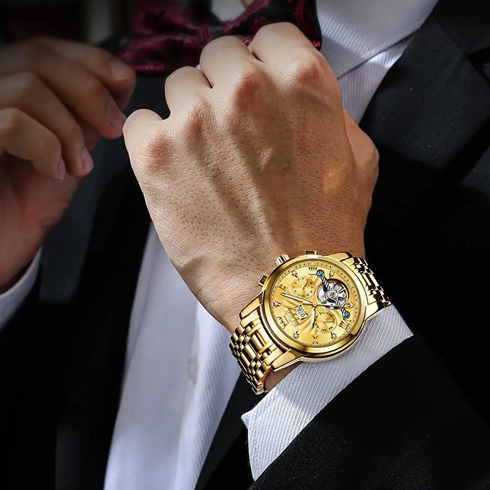 OLEVS Men Automatic Watch Skeleton 5 Hands Mechanical Classic Luxury Multi Calendar Stainless Steel Waterproof Wrist Watch for Men