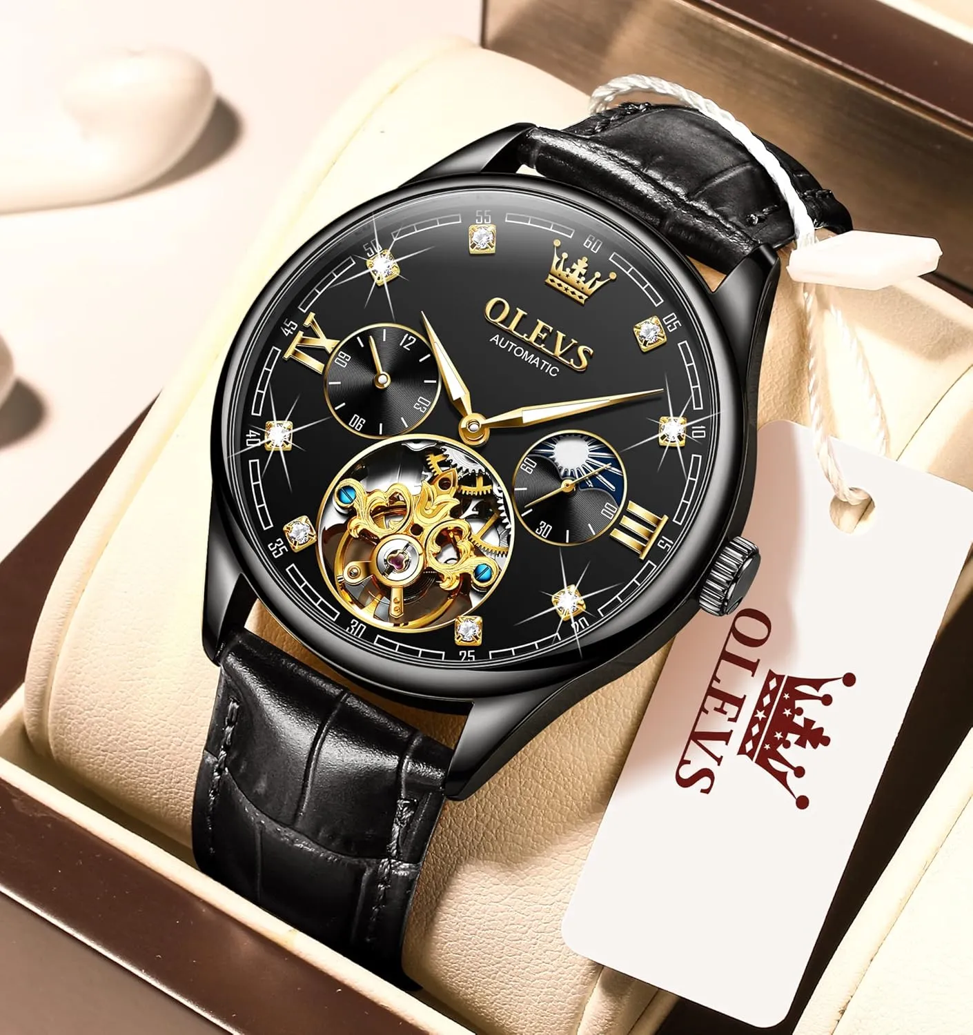 OLEVS Mens Leather Watches Automatic Mechanical Skeleton Tourbillon Diamond Luxury Self Winding Dress Wrist Watches Moon Phase Waterproof Luminous