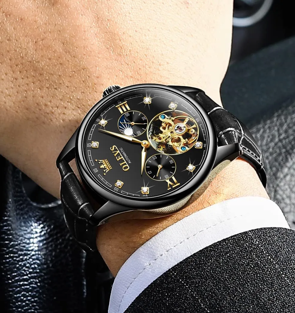 OLEVS Mens Leather Watches Automatic Mechanical Skeleton Tourbillon Diamond Luxury Self Winding Dress Wrist Watches Moon Phase Waterproof Luminous
