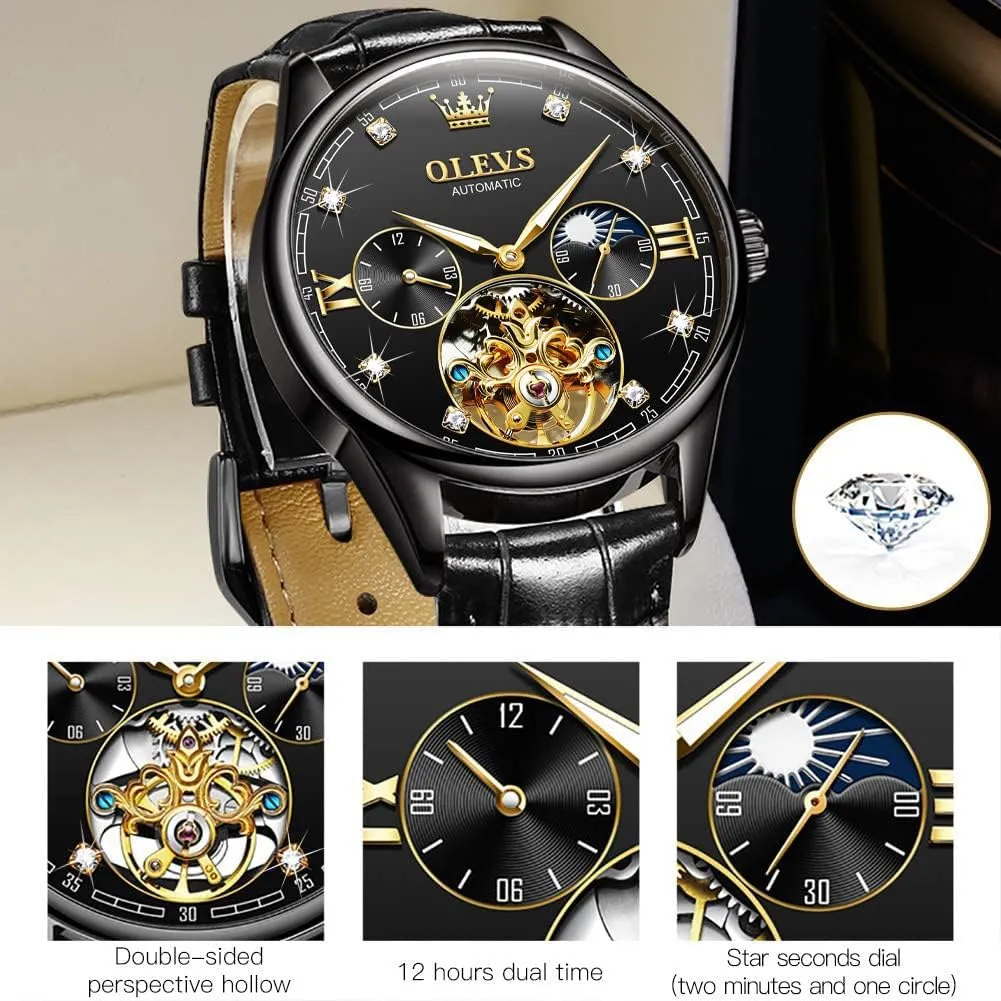 OLEVS Mens Leather Watches Automatic Mechanical Skeleton Tourbillon Diamond Luxury Self Winding Dress Wrist Watches Moon Phase Waterproof Luminous