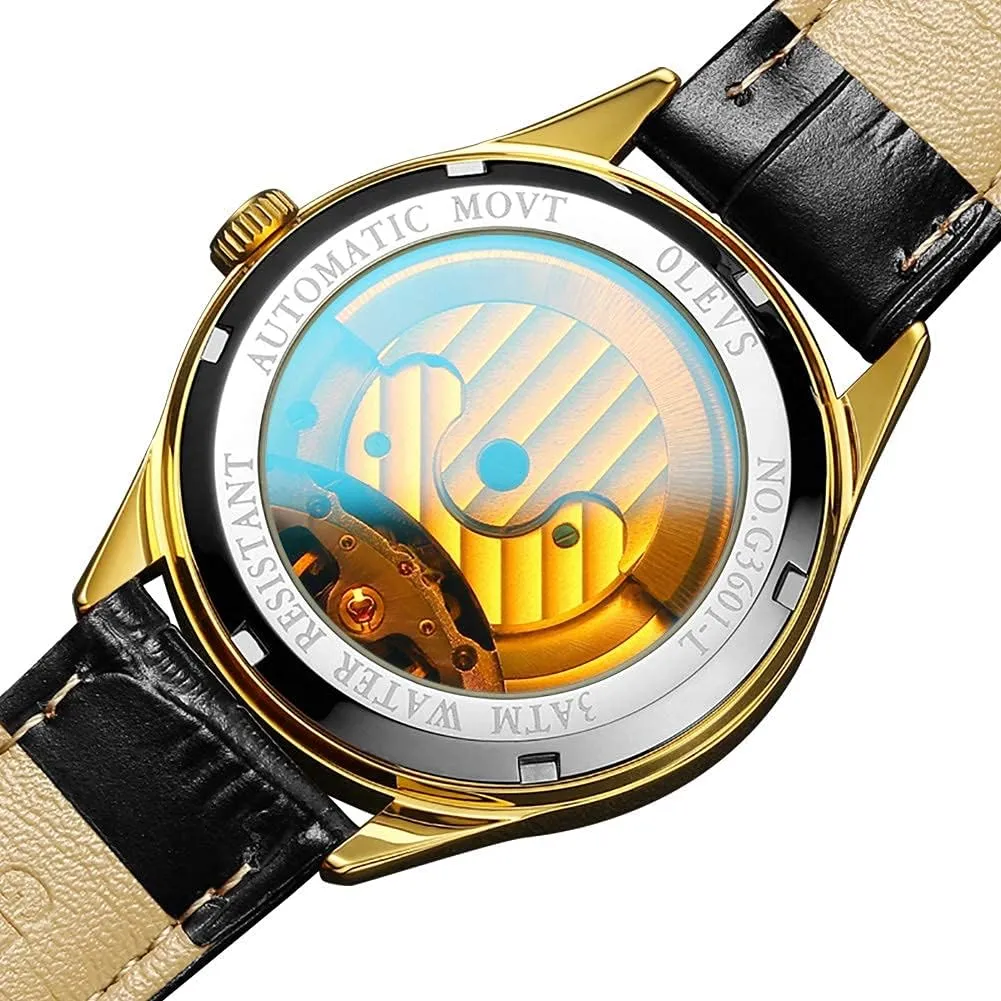 OLEVS Mens Leather Watches Automatic Mechanical Skeleton Tourbillon Diamond Luxury Self Winding Dress Wrist Watches Moon Phase Waterproof Luminous
