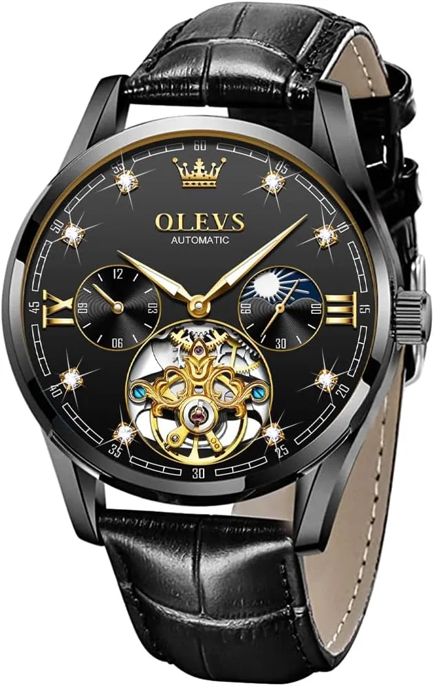 OLEVS Mens Leather Watches Automatic Mechanical Skeleton Tourbillon Diamond Luxury Self Winding Dress Wrist Watches Moon Phase Waterproof Luminous