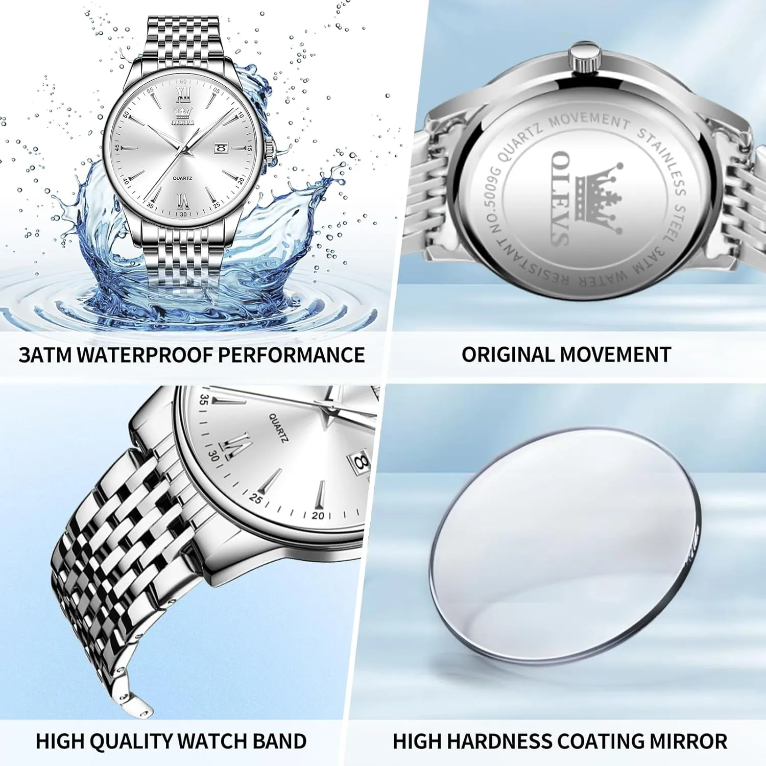 OLEVS Men's Watch,Classic Silver Watches for Men, Waterproof Stainless Steel Roman Numbers Men's Watch Easy to Read