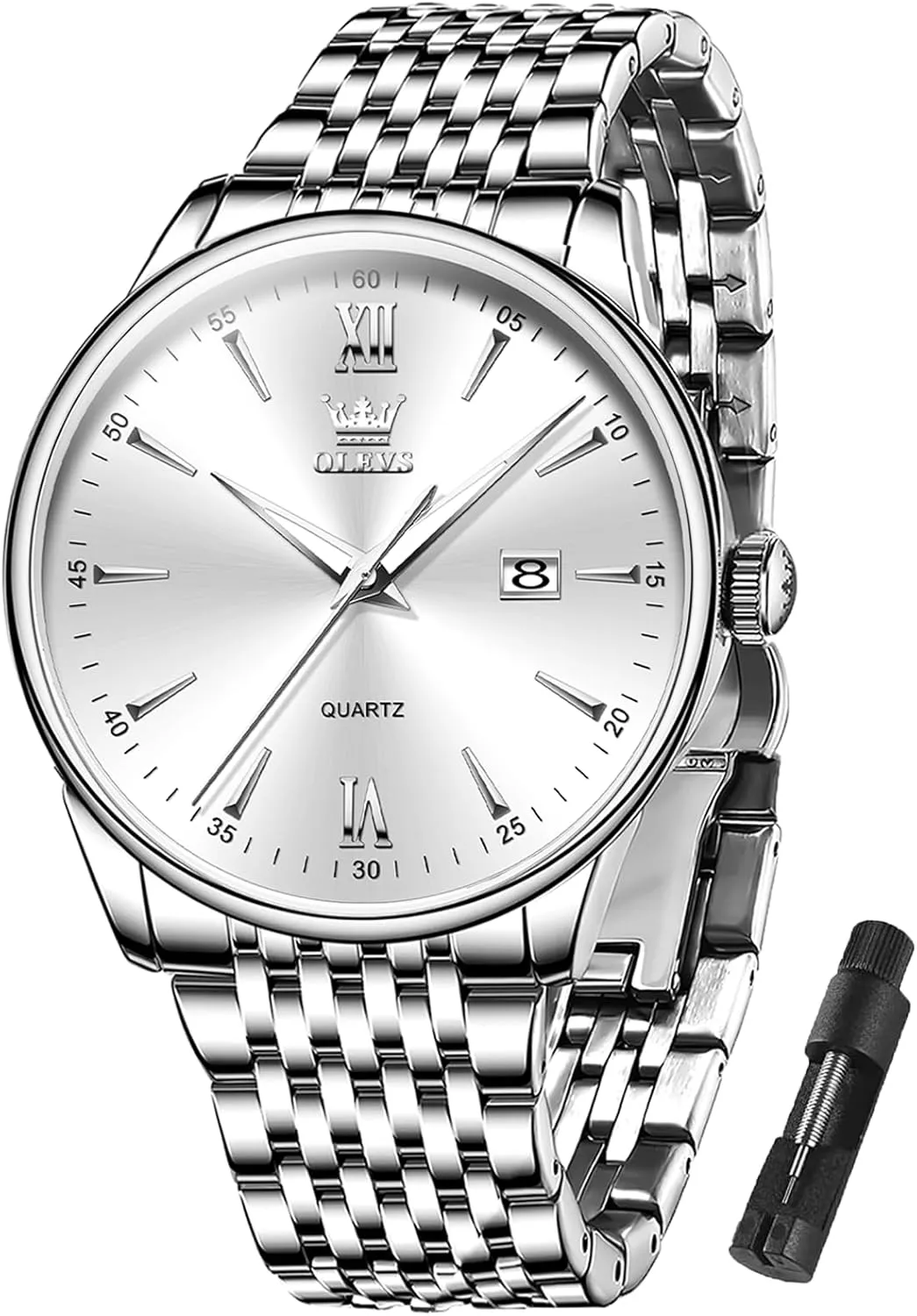 OLEVS Men's Watch,Classic Silver Watches for Men, Waterproof Stainless Steel Roman Numbers Men's Watch Easy to Read