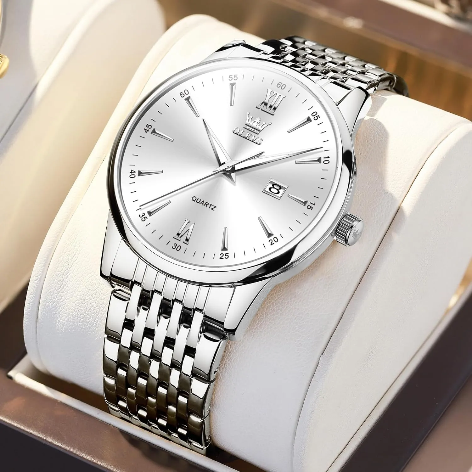 OLEVS Men's Watch,Classic Silver Watches for Men, Waterproof Stainless Steel Roman Numbers Men's Watch Easy to Read