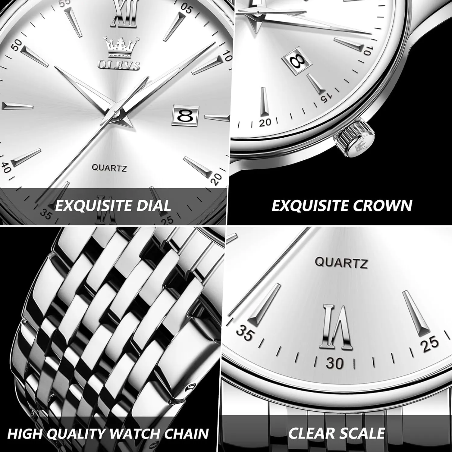OLEVS Men's Watch,Classic Silver Watches for Men, Waterproof Stainless Steel Roman Numbers Men's Watch Easy to Read