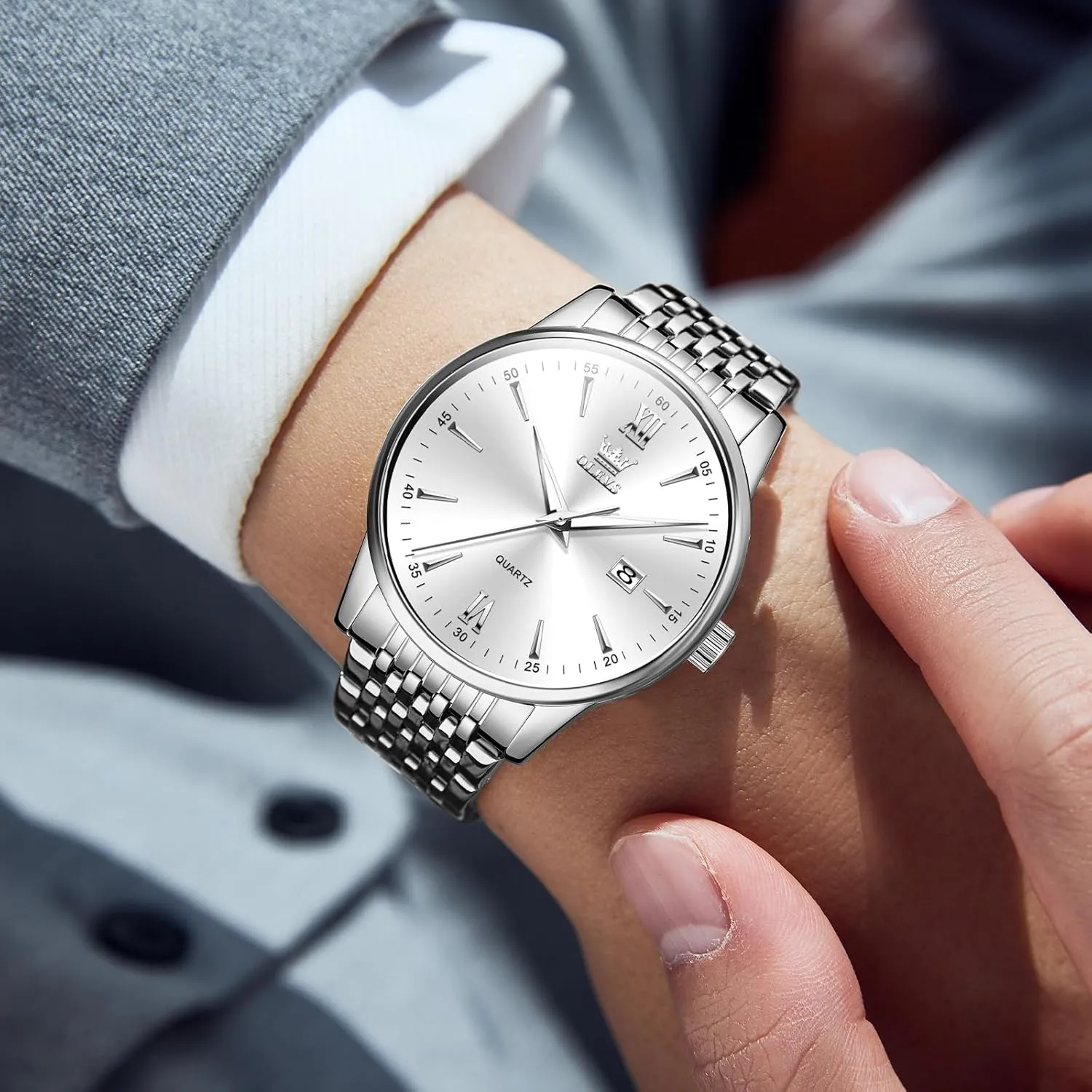 OLEVS Men's Watch,Classic Silver Watches for Men, Waterproof Stainless Steel Roman Numbers Men's Watch Easy to Read
