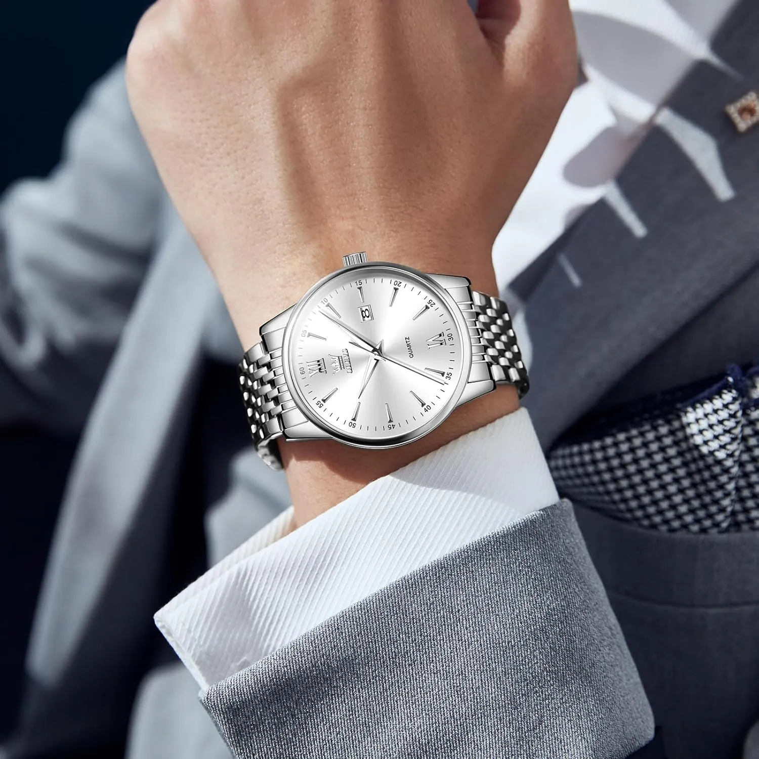 OLEVS Men's Watch,Classic Silver Watches for Men, Waterproof Stainless Steel Roman Numbers Men's Watch Easy to Read