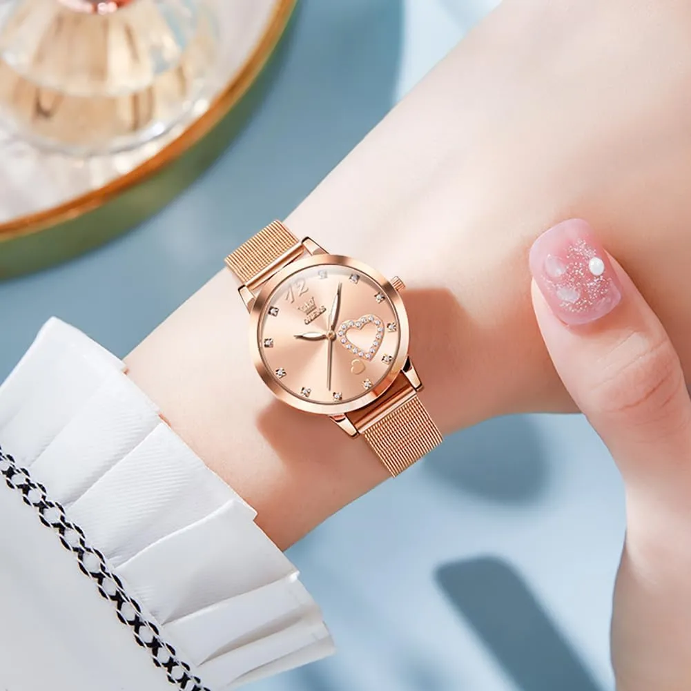 OLEVS Rose Gold Watch for Women Mesh Strap Fashion Dress Hearts Japanese Quartz Waterproof Luminous Ladies Watches Bracelet Sets