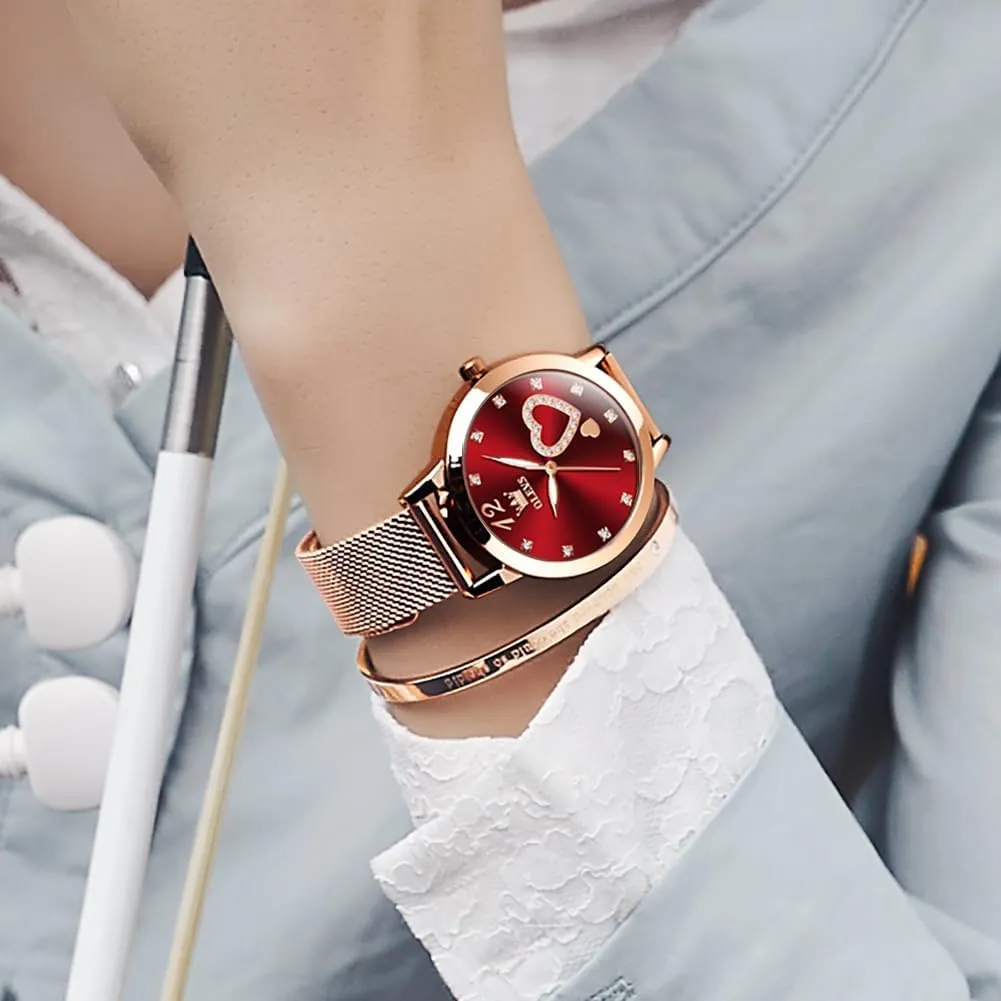 OLEVS Rose Gold Watch for Women Mesh Strap Fashion Dress Hearts Japanese Quartz Waterproof Luminous Ladies Watches Bracelet Sets