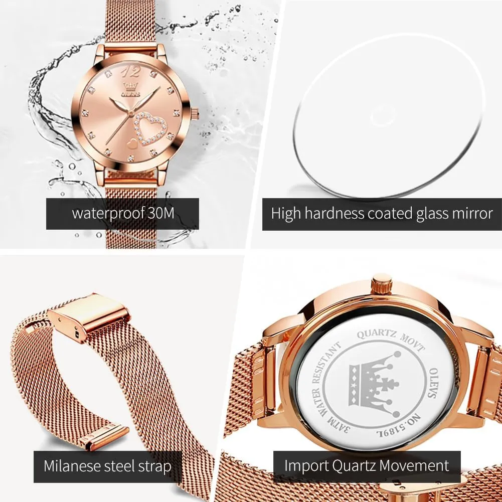 OLEVS Rose Gold Watch for Women Mesh Strap Fashion Dress Hearts Japanese Quartz Waterproof Luminous Ladies Watches Bracelet Sets