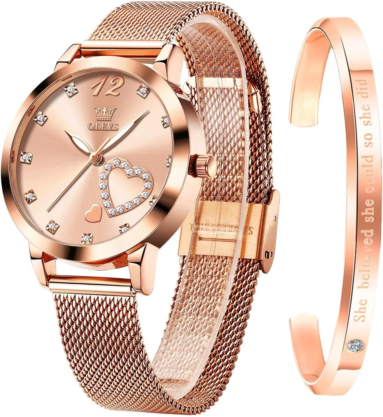 OLEVS Rose Gold Watch for Women Mesh Strap Fashion Dress Hearts Japanese Quartz Waterproof Luminous Ladies Watches Bracelet Sets