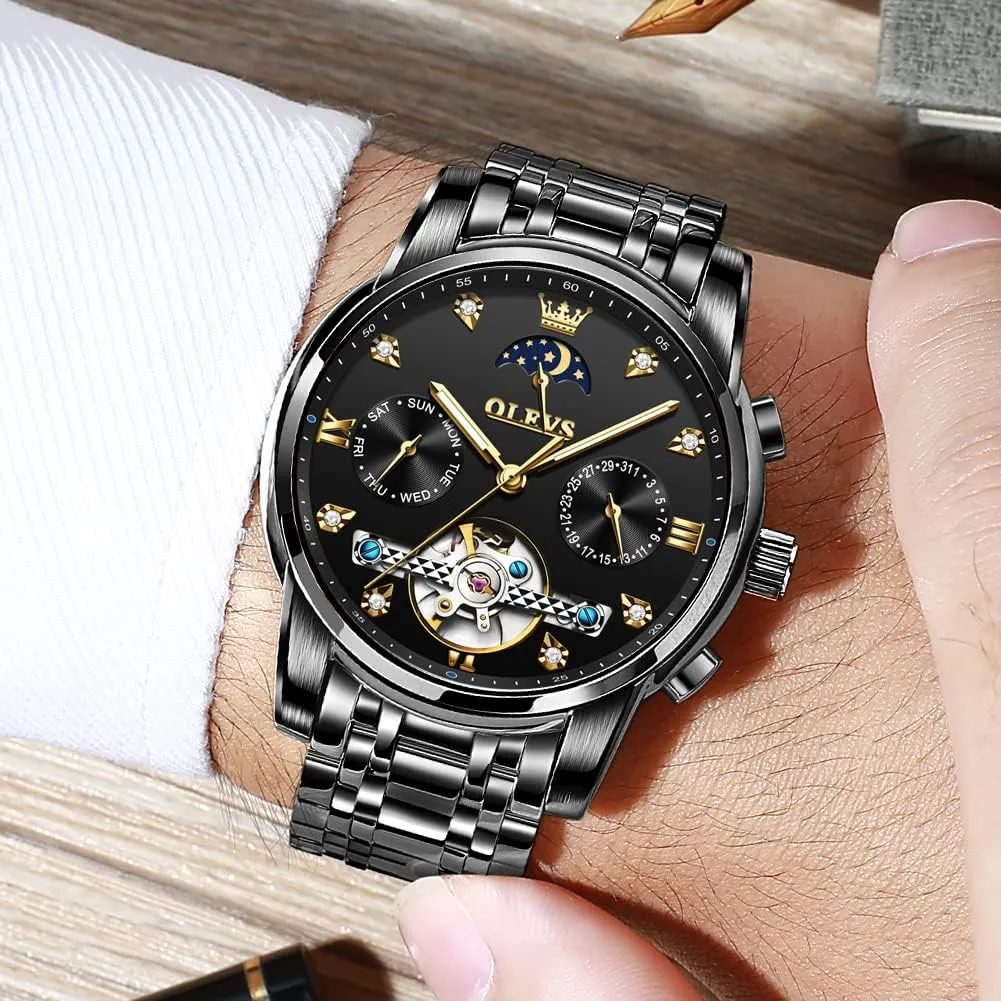 OLEVS Watches for Men Automatic Skeleton 5 Hands Mechanical Luxury Watch Classic Calendar Stainless Steel Waterproof Mens Wrist Watch