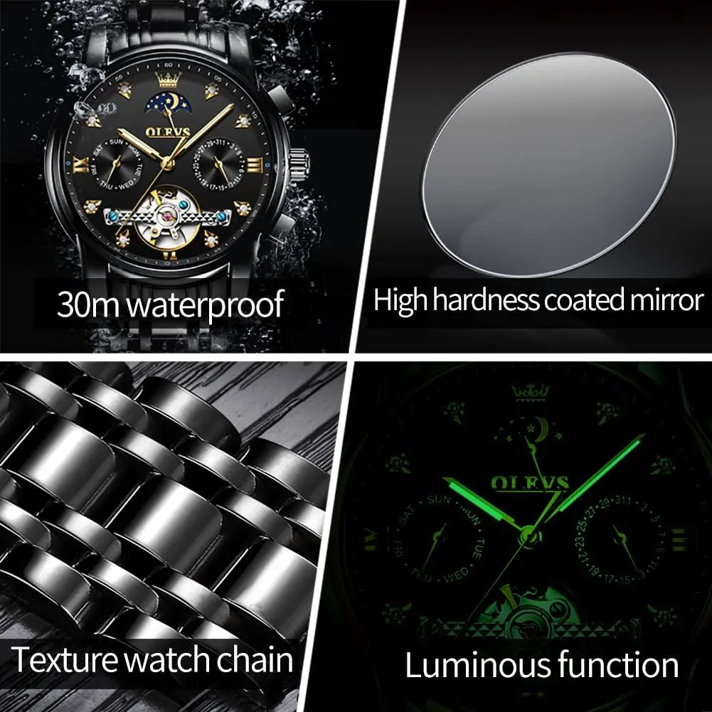 OLEVS Watches for Men Automatic Skeleton 5 Hands Mechanical Luxury Watch Classic Calendar Stainless Steel Waterproof Mens Wrist Watch