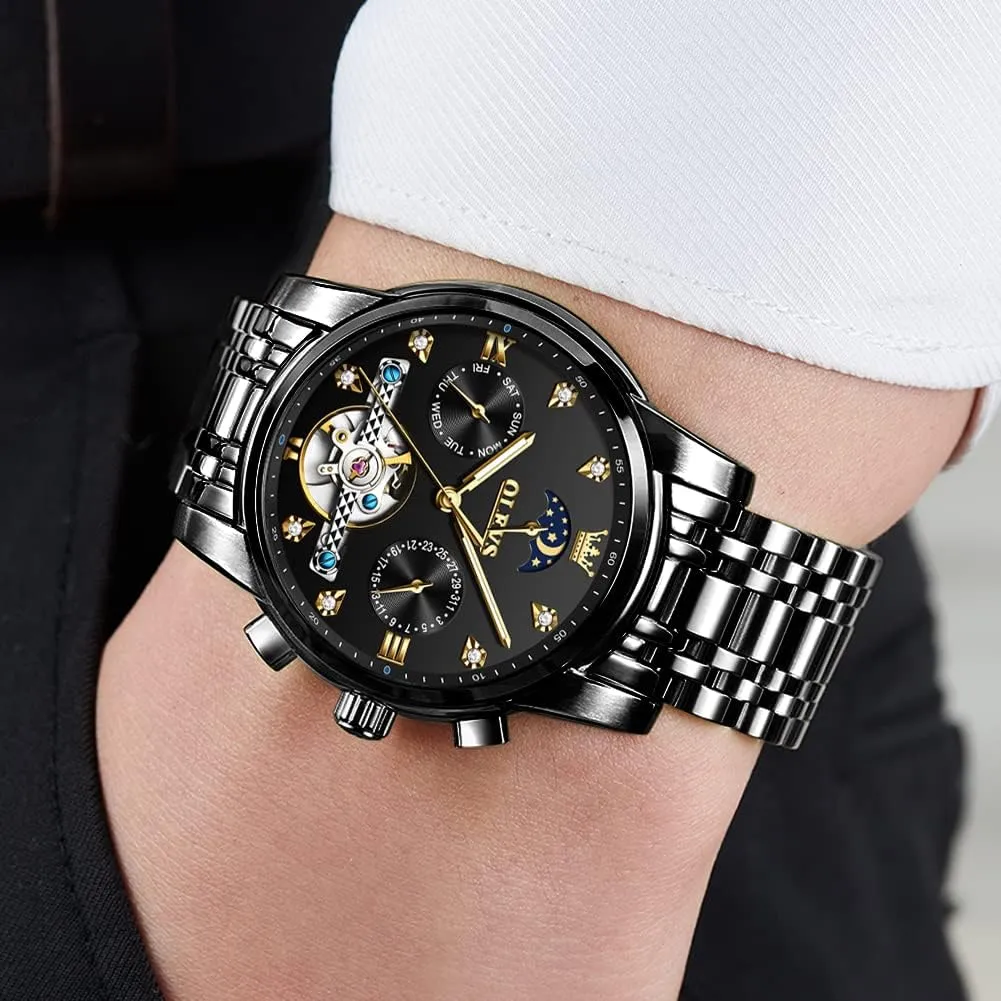 OLEVS Watches for Men Automatic Skeleton 5 Hands Mechanical Luxury Watch Classic Calendar Stainless Steel Waterproof Mens Wrist Watch