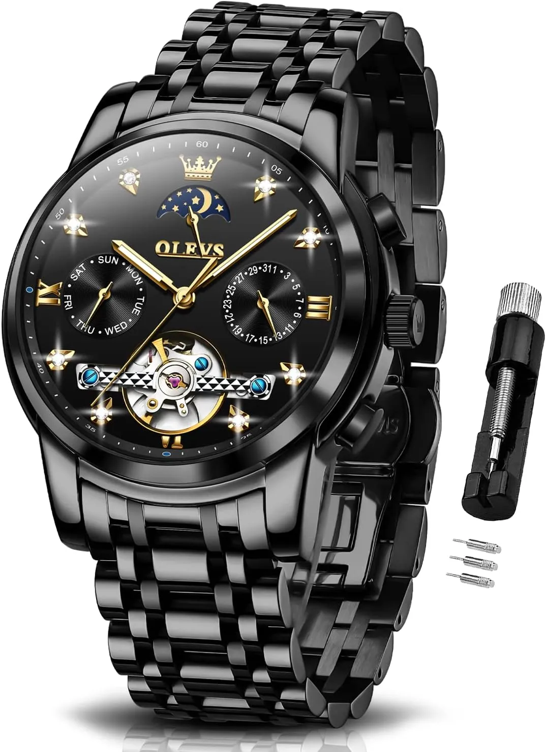 OLEVS Watches for Men Automatic Skeleton 5 Hands Mechanical Luxury Watch Classic Calendar Stainless Steel Waterproof Mens Wrist Watch