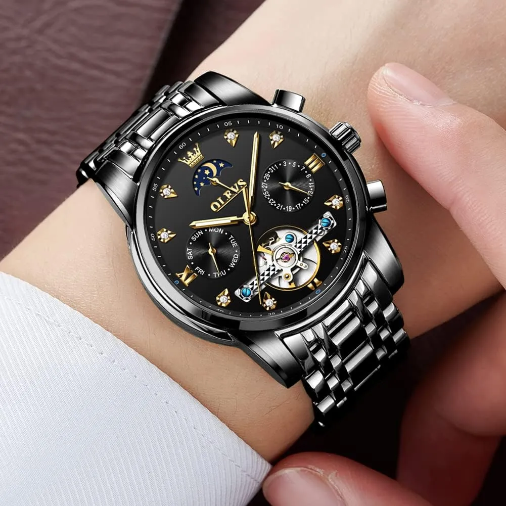 OLEVS Watches for Men Automatic Skeleton 5 Hands Mechanical Luxury Watch Classic Calendar Stainless Steel Waterproof Mens Wrist Watch