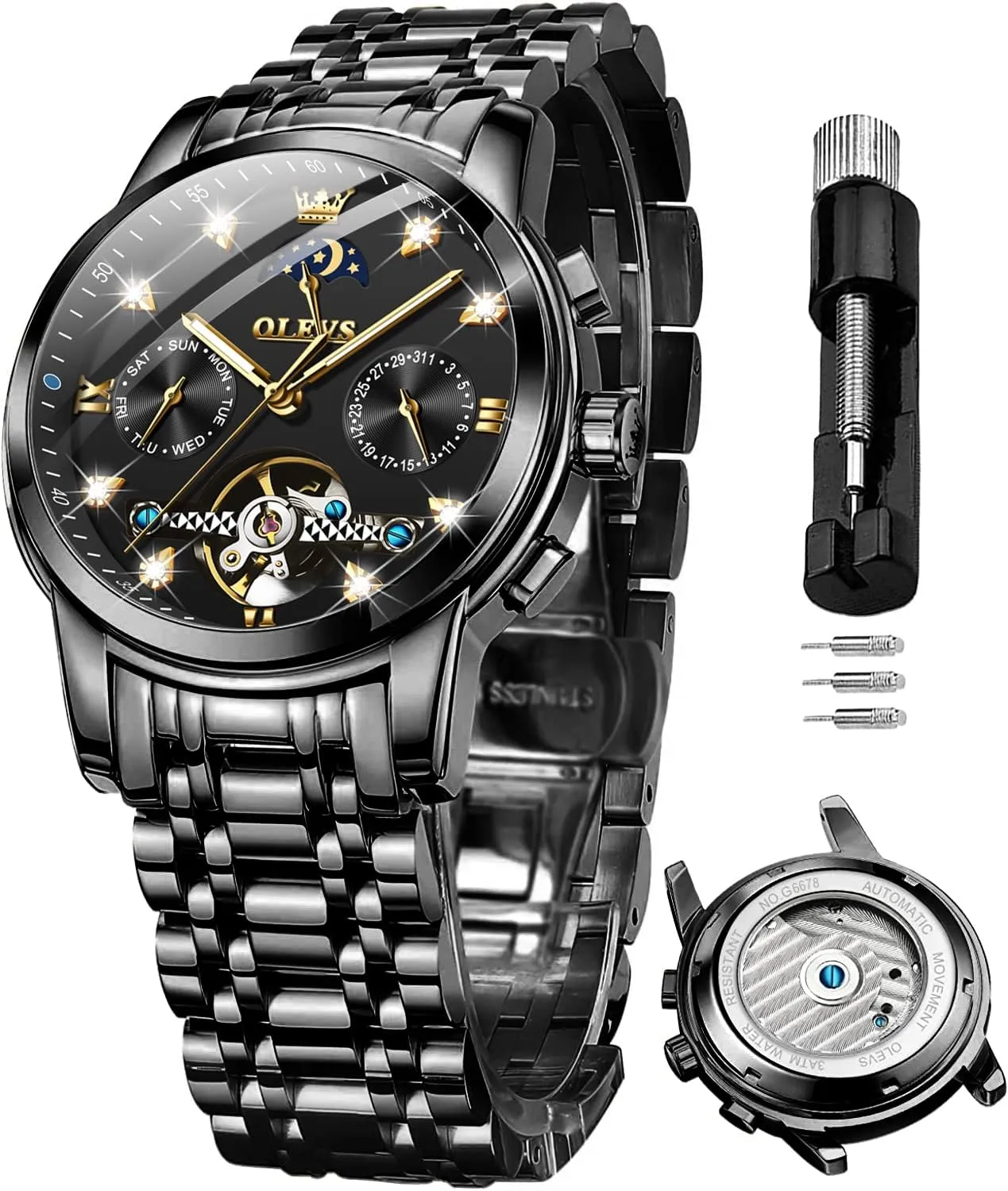 OLEVS Watches for Men Automatic Skeleton 5 Hands Mechanical Luxury Watch Classic Calendar Stainless Steel Waterproof Mens Wrist Watch